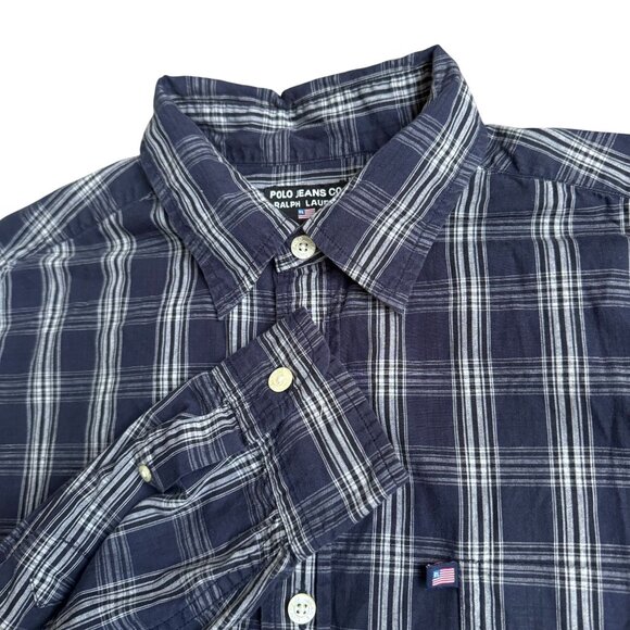 Vintage Polo Jeans Co Ralph Lauren Shirt Mens L Navy Plaid Long Sleeve Button Up - Picture 1 of 6
